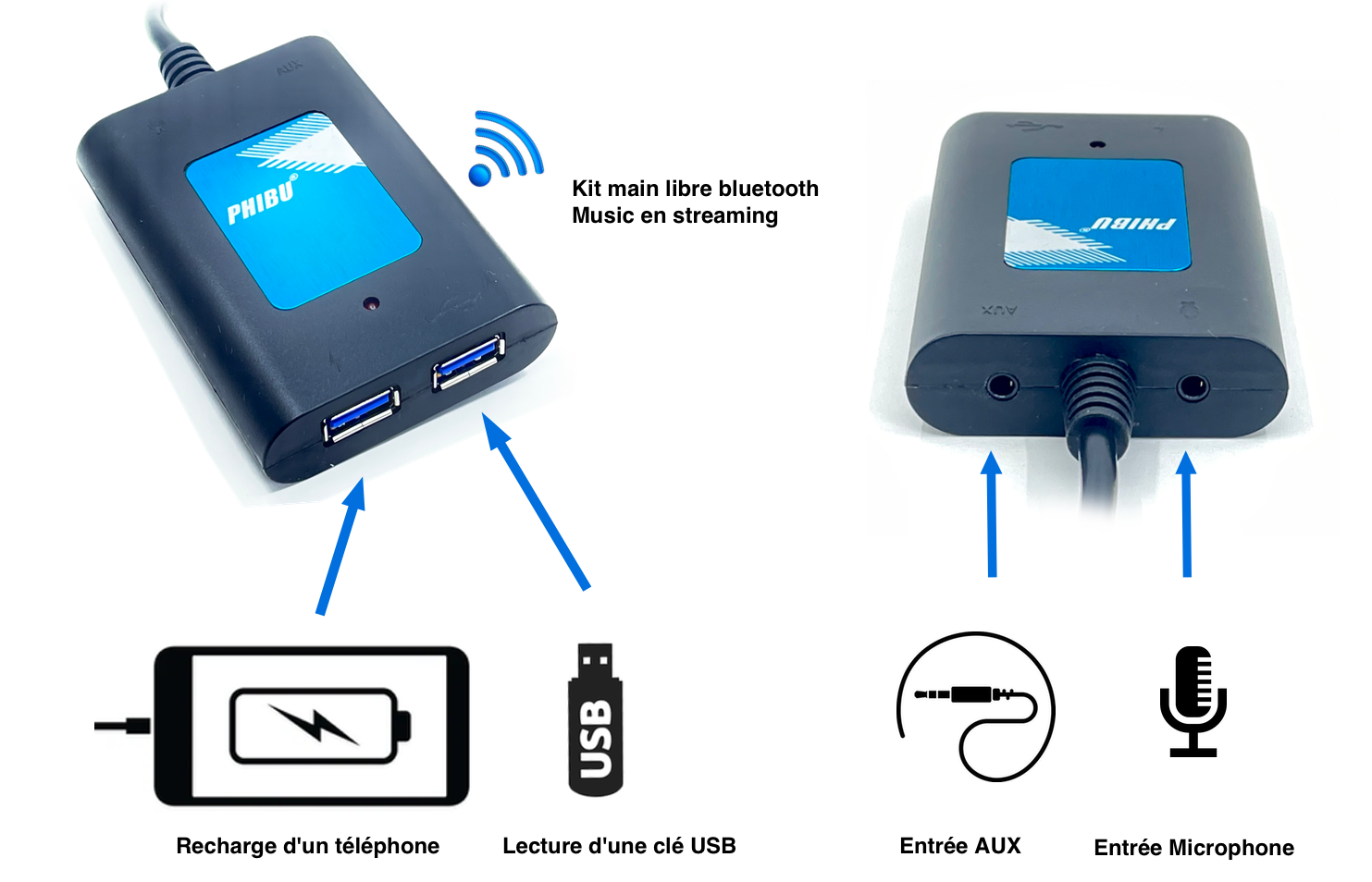 Streaming audio bluetooth, kit main libre bluetooth, adaptateur USB, USB box