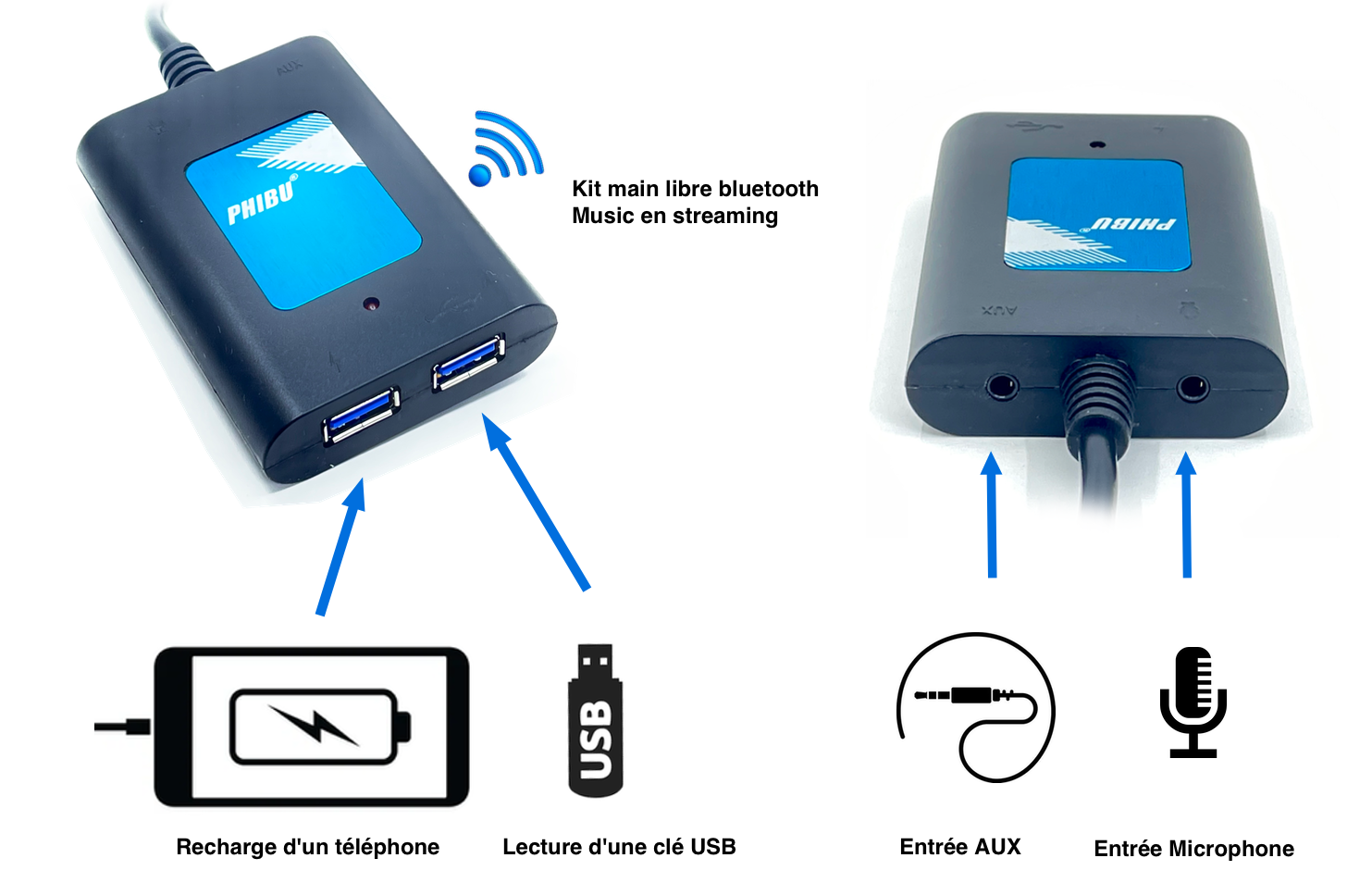 Interface Bluetooth et Auxiliaire pour voiture PEUGEOT connecteur